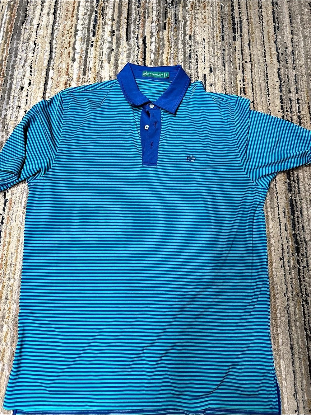 Southern Tide Striped Skipjack Polo Blue & Green Large